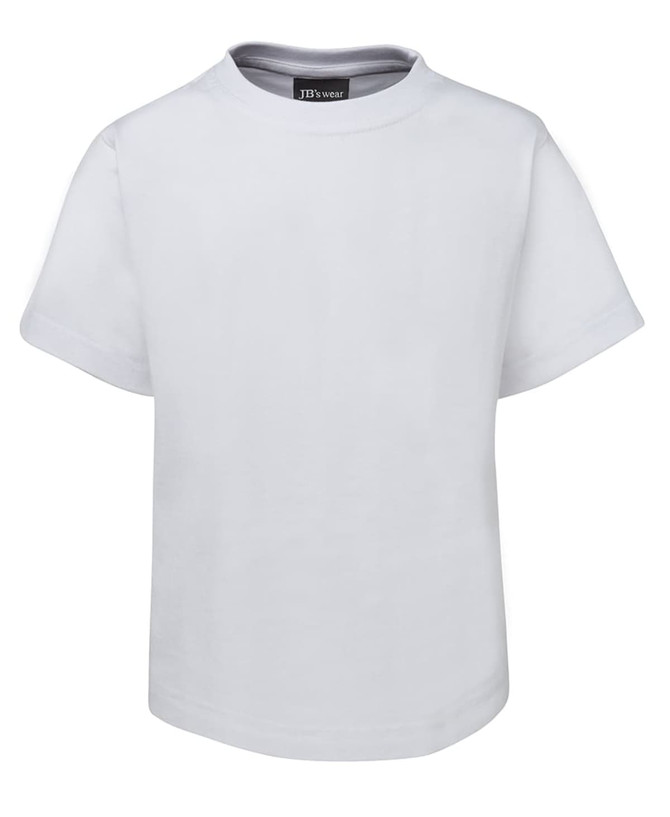 A plain white children's t-shirt featuring short sleeves and a round neckline. It has a logo inside the collar.