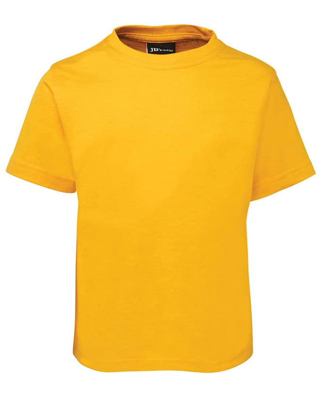 A bright yellow kids' t-shirt with a round neckline and short sleeves, featuring a logo on the label.