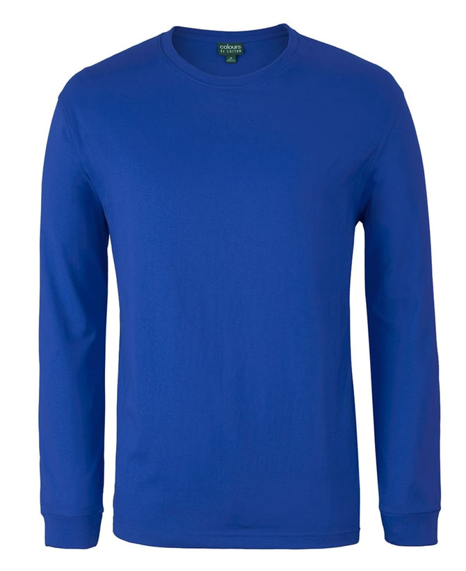 A long-sleeve T-shirt in a vibrant blue colour, featuring a logo on the label.