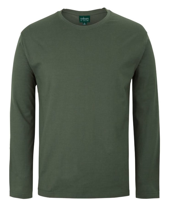 A long-sleeve T-shirt in olive green with a simple design and a tag visible at the neckline.