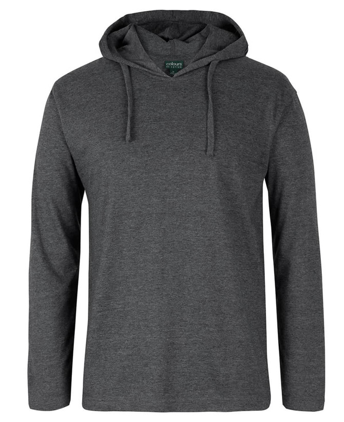 A long-sleeve, hooded tee in dark grey with a branding logo. Ideal for casual wear and layering.