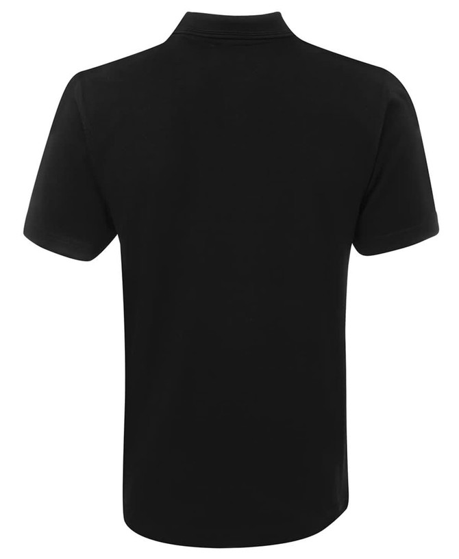 A black polo shirt featuring a collar and short sleeves, displaying a simple design with a logo.