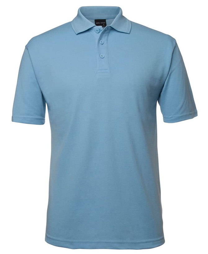 A light blue polo shirt featuring a collar and three buttons, with a logo on the chest.