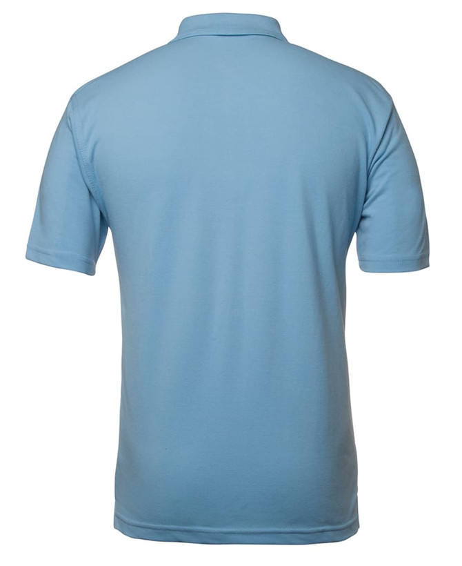 A light blue polo shirt viewed from the back, featuring short sleeves and a collar. The shirt has a logo.