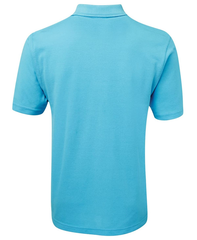 A light blue polo shirt with a collared neckline and short sleeves, featuring a branding logo.