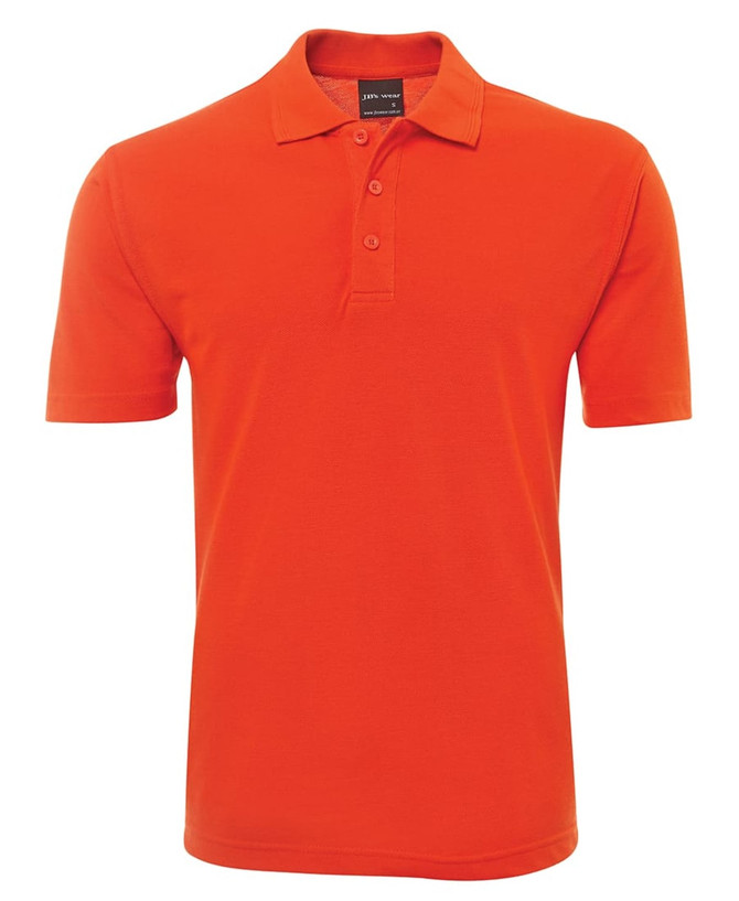 An orange polo shirt with a collared neck and three buttons, featuring a small logo.