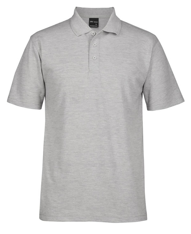 A light grey polo shirt with a collar and three buttons, featuring a branding logo.