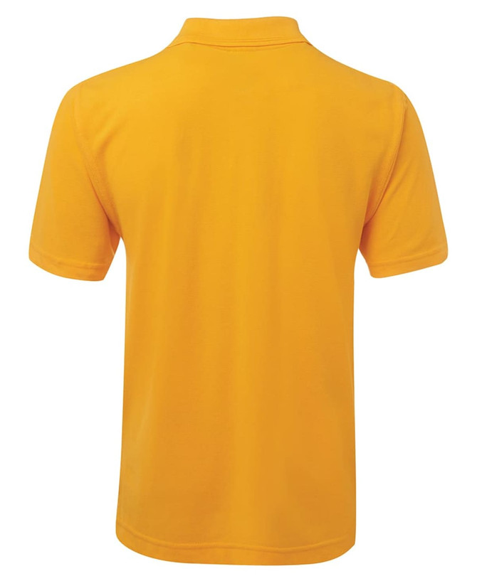 A yellow polo shirt featuring a classic collar and short sleeves, with a branding logo.