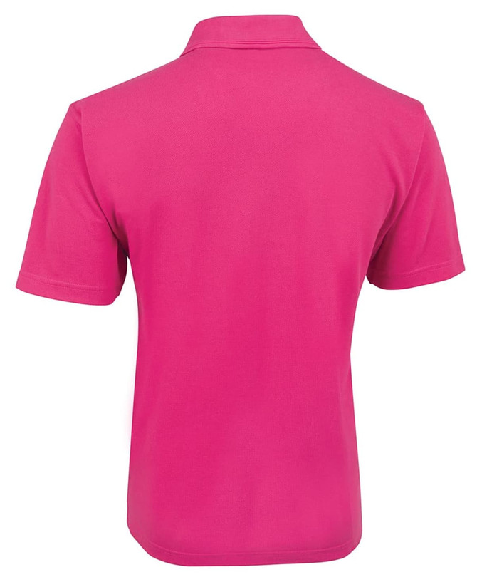 A pink polo shirt with a collar, featuring short sleeves and a noticeable brand logo.