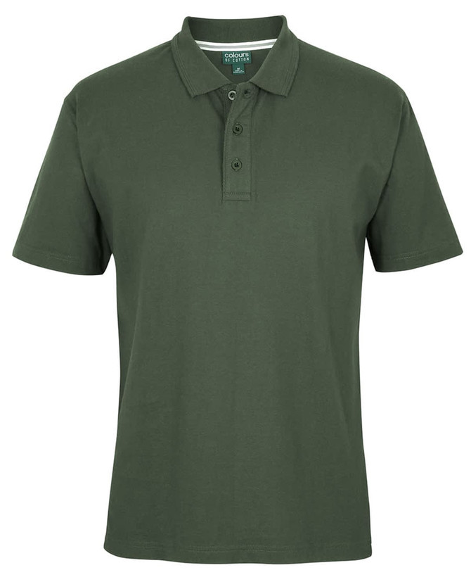 A green polo shirt featuring a collar and button placket, with a logo on the front.