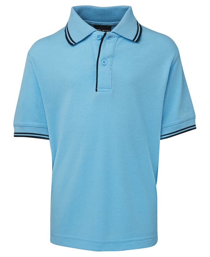 A light blue polo shirt with a collar and contrasting black trim on the sleeves and collar. It features a logo.