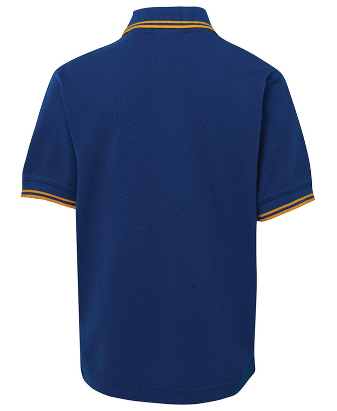 A blue polo shirt with contrast trim and a collar. It features a logo on the front.