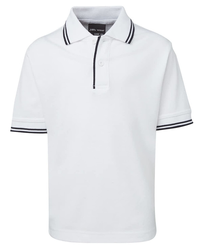 A children's white polo shirt featuring contrast black stripes on the collar and sleeves. It has a logo on the label.