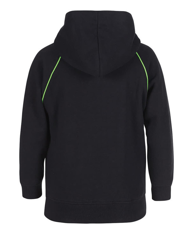 A black hoodie featuring contrast green stitching, with a spacious hood and a relaxed fit. It has a logo on the back.