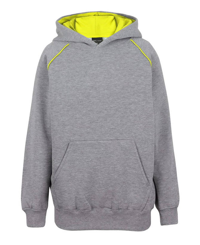 A grey hoodie featuring a bright yellow interior and contrast stitching, with a front pocket and a hood.