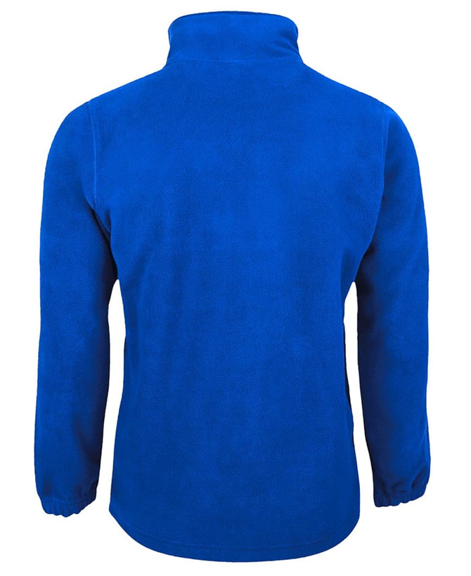 A blue polar fleece jacket featuring a high collar and elasticated cuffs, with a logo on the back.