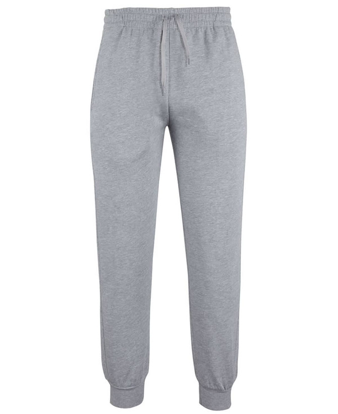 Grey track pants featuring an elasticised waistband and cuffs, with a drawstring. Includes branding on the product.