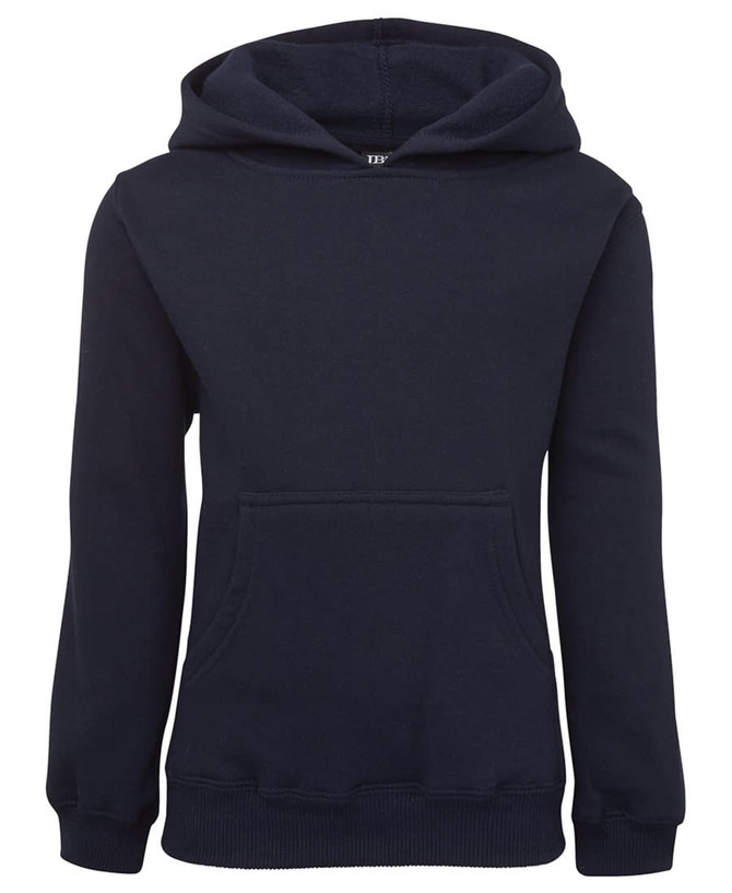 A navy hoodie featuring a front pocket and a drawstring hood, with branding present.