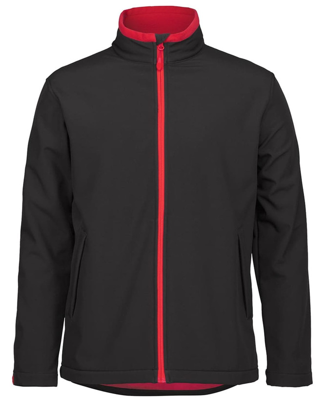 A soft shell jacket in black with a red zip and inner lining, featuring side pockets and a zip-up design.