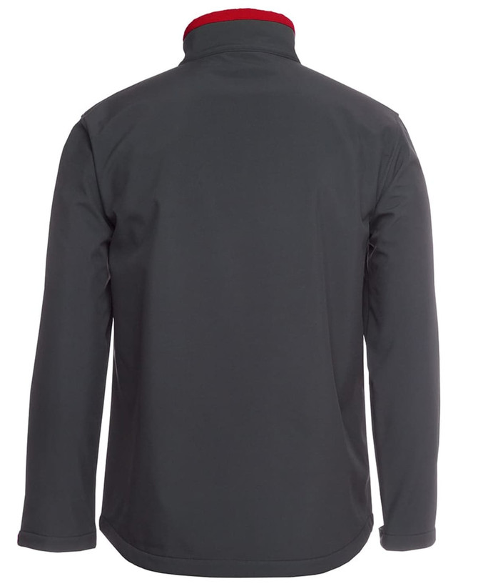 A soft shell jacket in dark grey with a red collar, featuring a logo on the back.