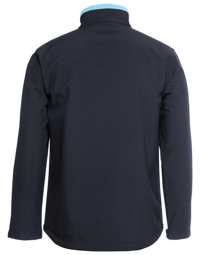 A soft shell jacket in black, featuring a light blue collar and a logo on the back.
