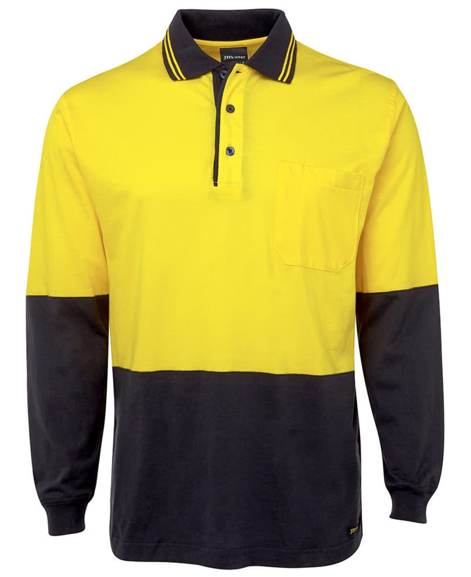 A long-sleeve cotton polo shirt featuring yellow and navy panels, with a pocket and a logo.