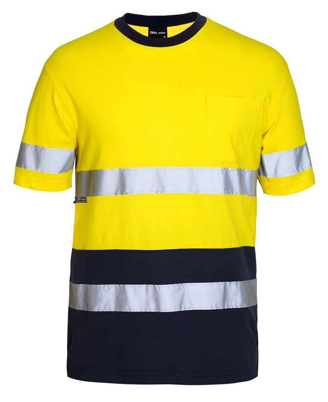 A high-visibility yellow cotton T-shirt with navy blue accents and reflective stripes. It features a chest pocket and branding.
