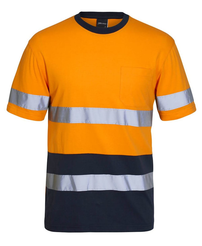 An orange and navy work T-shirt with reflective stripes and a chest pocket. It has a logo on the label.