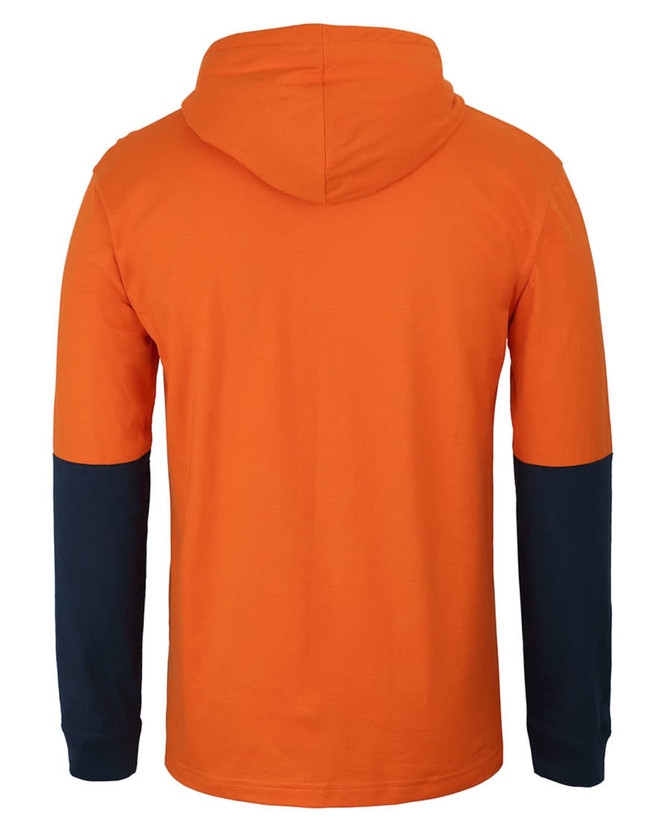 An orange long-sleeve cotton tee with a hood, featuring navy blue sleeves and a logo on the front.