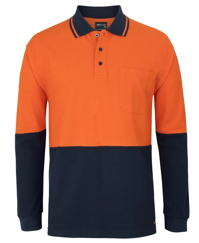 A long-sleeve polo shirt featuring orange and navy colours, with a pocket and a logo.
