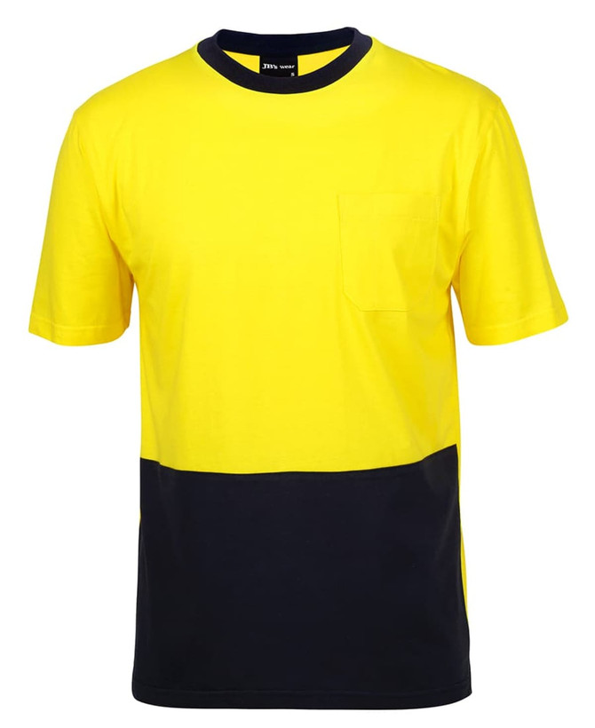A bright yellow crew neck cotton T-shirt with a black lower section and a chest pocket. Features a logo.