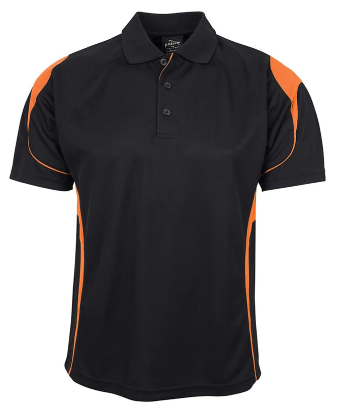 A black polo shirt with orange accents and a logo on the chest. Features a classic collar and button placket.