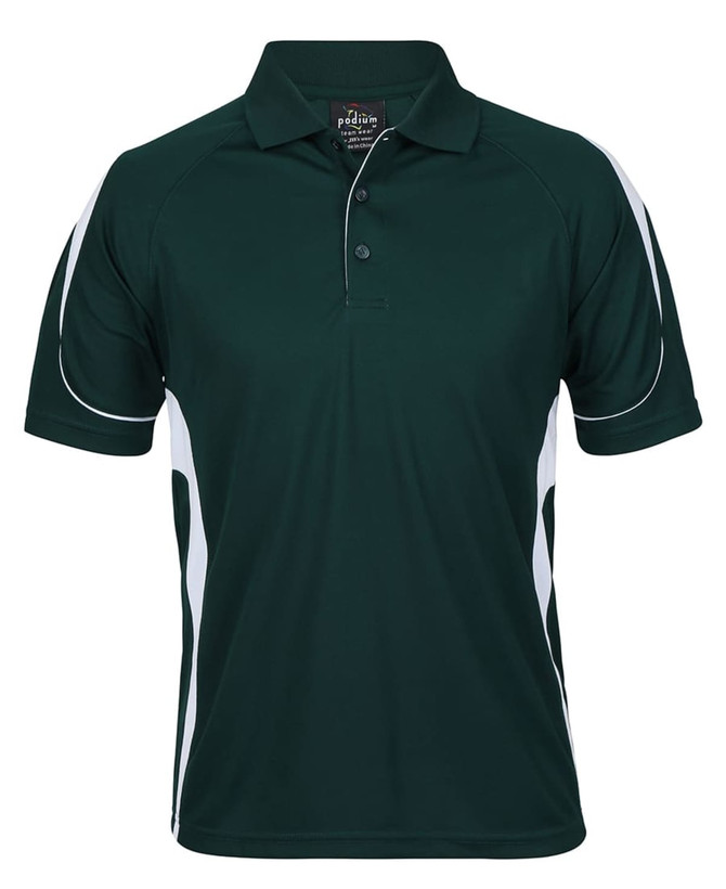 A dark green polo shirt with white accents and a logo on the chest. Short sleeves and a classic collar design.