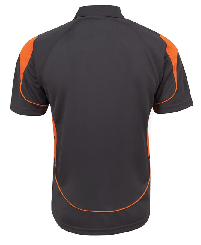 A dark grey polo shirt with orange accents and a logo on the back. 