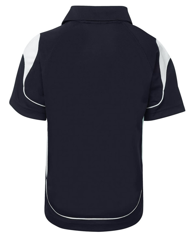 A navy polo shirt featuring white accents and a logo. The shirt has a classic collar and short sleeves.