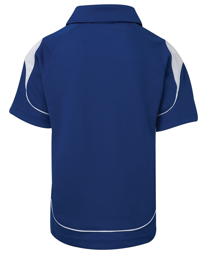 A blue polo shirt with white accents, featuring a collar and short sleeves. The back side is displayed.