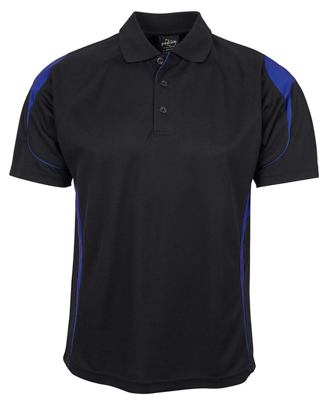 A black polo shirt with blue accent detailing and a logo on the chest area.