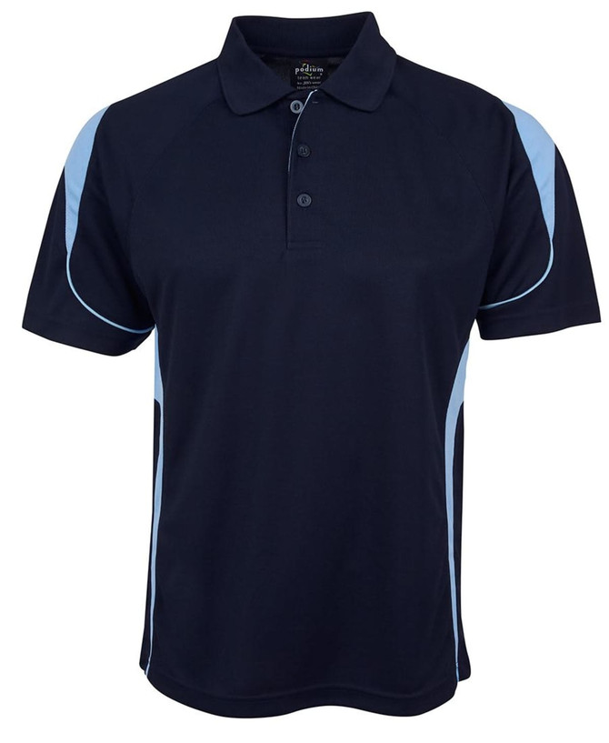A navy blue polo shirt featuring light blue accents and a logo. It has a classic collar and short sleeves.