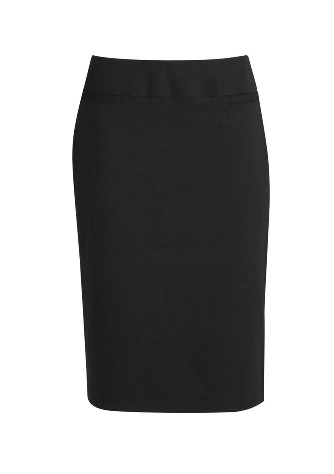 A black, lined women's skirt with a relaxed fit and smooth fabric. It features a simple design and includes branding.