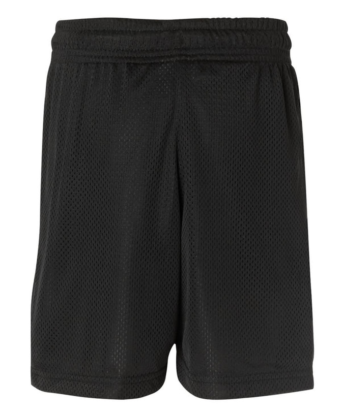 Black sports shorts with a mesh design and an elastic waistband, featuring a logo.