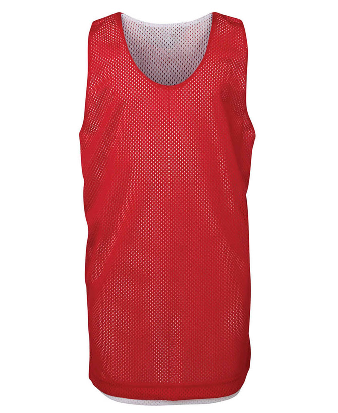 A red mesh singlet with a round neckline and a loose fit, featuring ventilation holes. It has a logo on the front.
