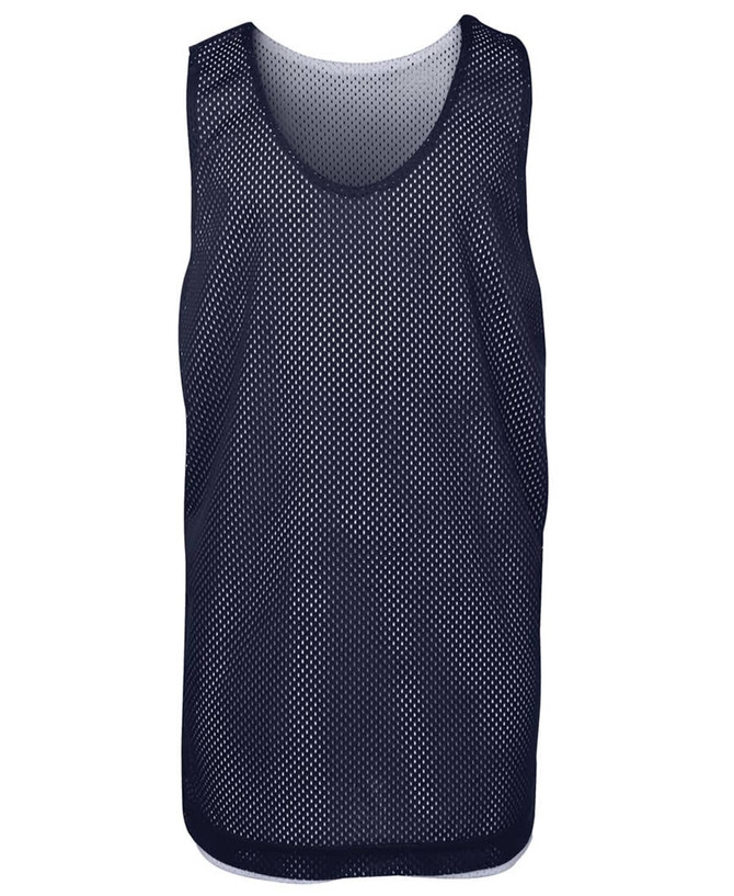 A navy blue mesh singlet featuring a round neck and a small logo. Lightweight design suitable for active wear.