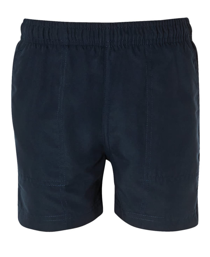 Navy sports shorts with an elastic waistband and a simple design. The shorts feature stitching details and a logo.