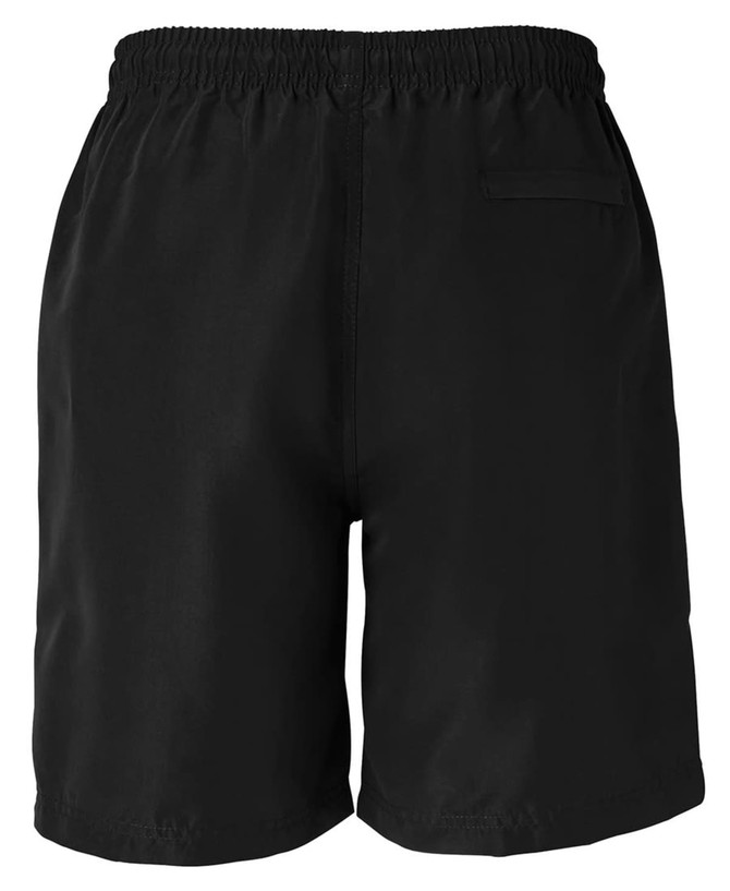 Navy dress shorts with a simple design, featuring an elastic waistband and a back pocket. Has a branding logo.