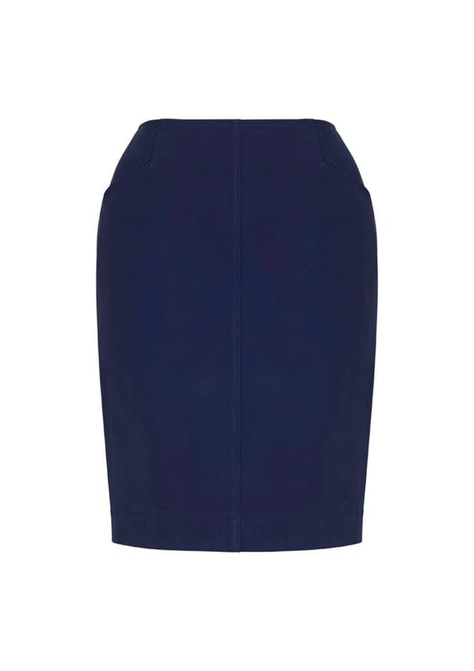 A navy pencil skirt with a fitted design and front pockets, featuring a flat waistband.