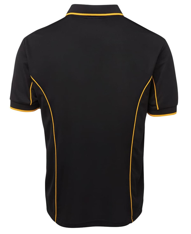 A black polo shirt featuring yellow piping along the seams and a logo on the front.