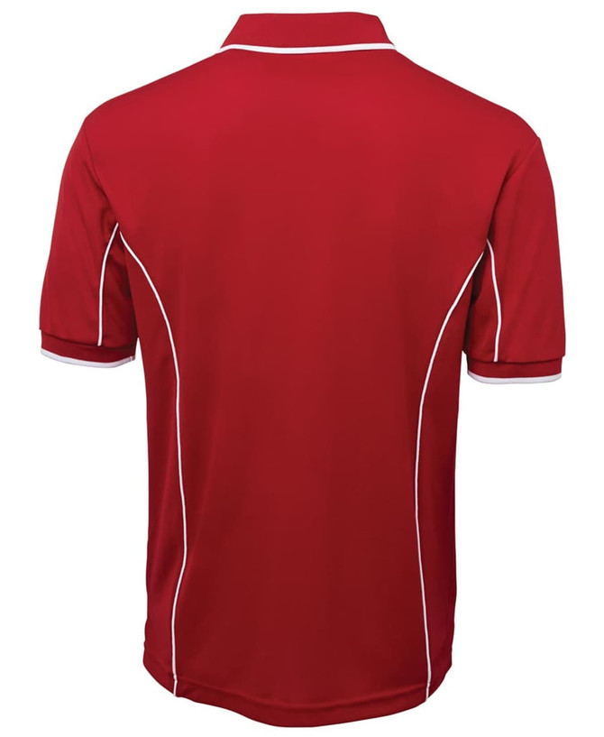 A red polo shirt with white piping, featuring a collar and short sleeves. The shirt has a branding logo.