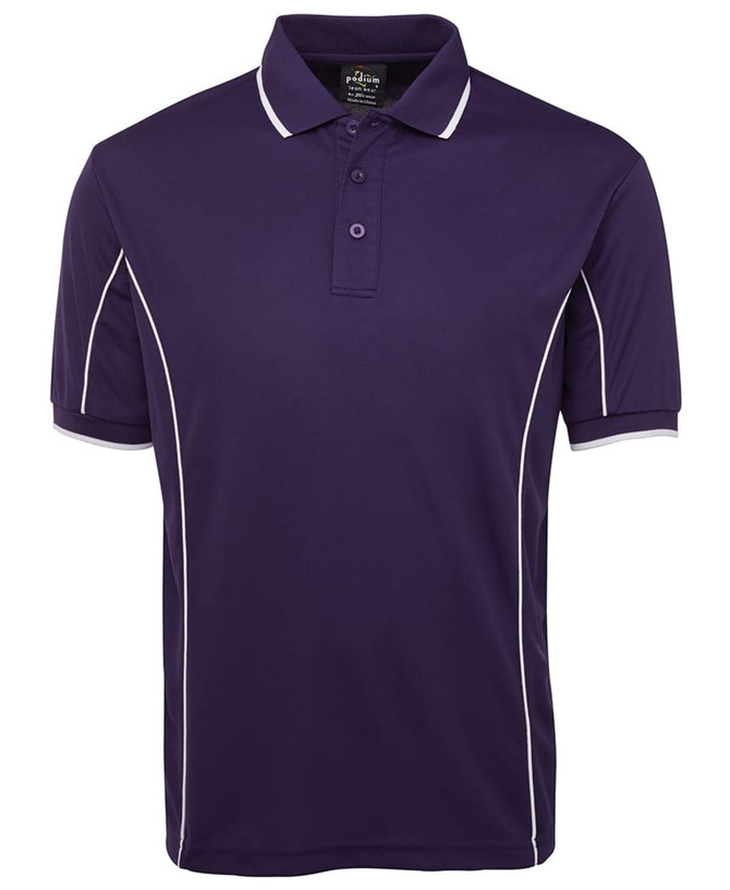 A purple polo shirt with white piping details and a collar. It features a logo on the chest.