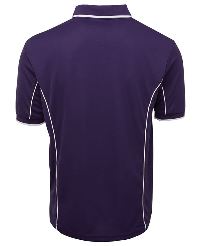 A purple polo shirt featuring white piping, designed with a classic collar and short sleeves. It has a logo on it.