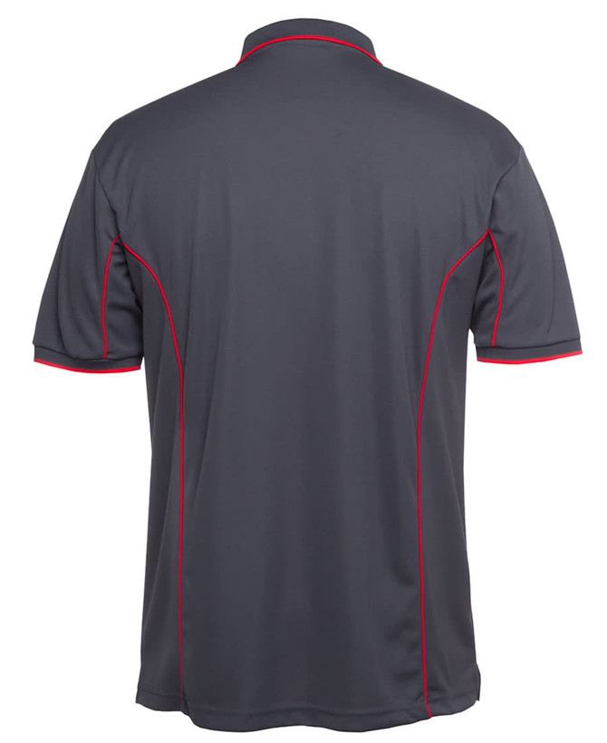 A grey polo shirt featuring red piping along the seams and a logo on the back.